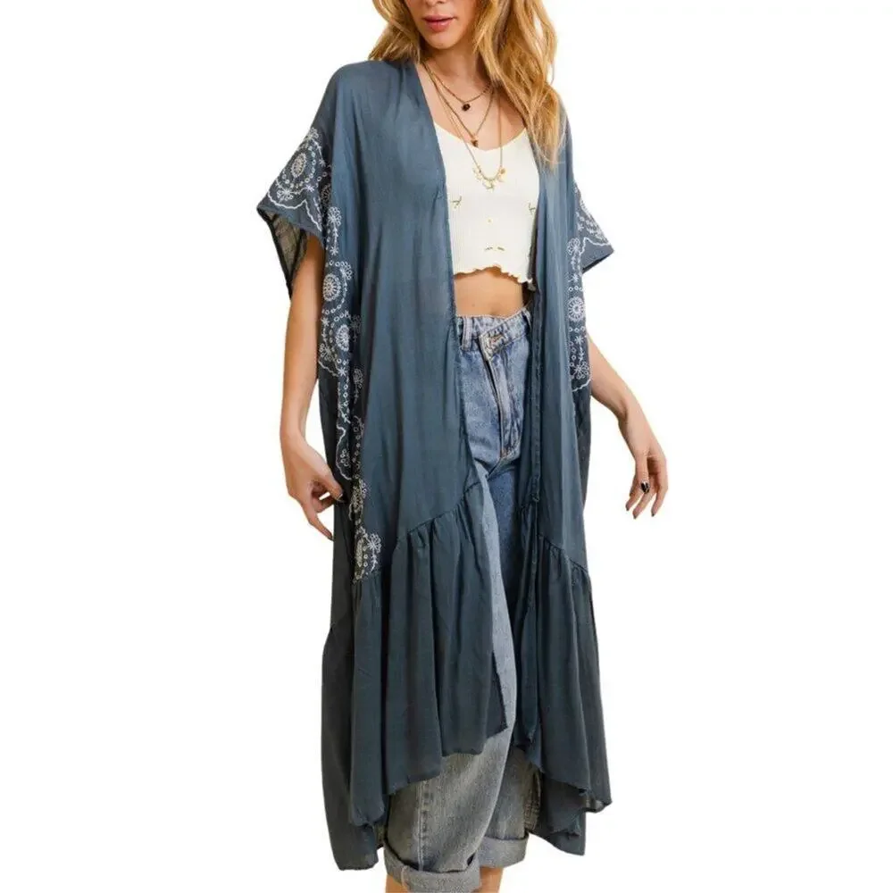 Boho Tribal Embroidered Kimono 1 Sz Lightweight Blue Grey Denim Style - Picture 5 of 5
